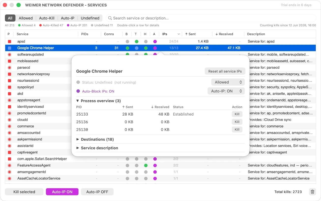 Services window with sortable columns and filter chips